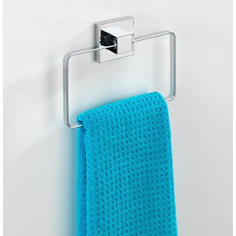 WENKO Porte Serviette mural Quadro, anneau porte serviettes Vacuum-Loc® fixation sans perçage, repositionnable & amovible sans résidus, Acier Inox, 18,5x14x3,5 cm, Brillant