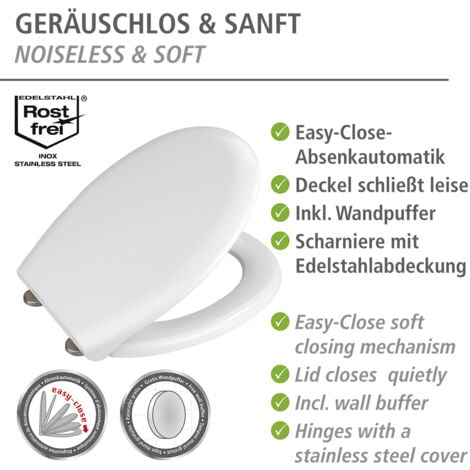Abattant WC Rieti WENKO avec frein de chute, Clipsable avec fixation inox, Assise jusqu'à 350kg, Duro Plast résistant et hygiénique, 37x 44.5cm, Blanc