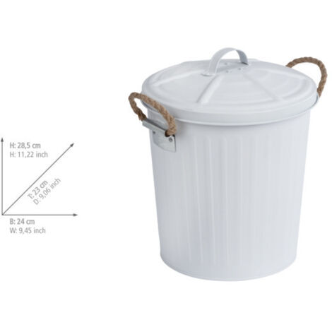 Poubelle salle de bain WENKO Gara 6l blanche métal rétro design petite poubelle salle de bain cosmétique en métal avec abnehmbaren Deckel und geflochtenen Henkeln für Badezimmer und Büro 24x28,5x23cm