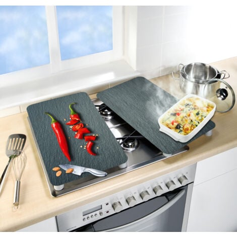 Protection plaque de cuisson WENKO, Couvre plaque de cuisson en verre "Cayenne", Lot de 2, Verre trempé, Pour toutes plaques 30x52 cm, Multicolore