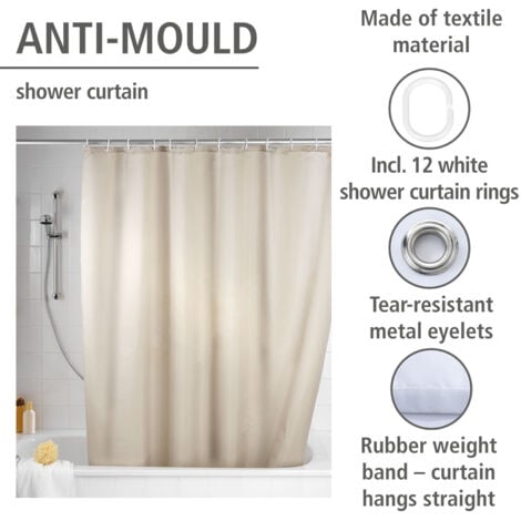 Rideau de douche anti moisissure WENKO, Lavable en machine, Antibactérien, hydrofuge, Œillets métal, Bas de rideau lesté, Polyester, 180x200 cm, Beige