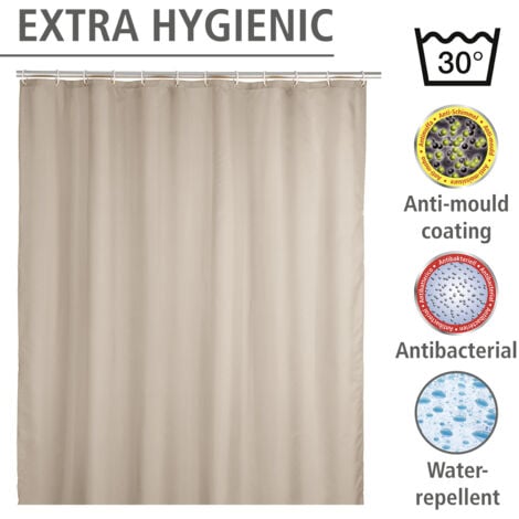 Rideau de douche anti moisissure WENKO, Lavable en machine, Antibactérien, hydrofuge, Œillets métal, Bas de rideau lesté, Polyester, 180x200 cm, Beige