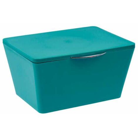 WENKO Boîte avec couvercle Brasil, Panier de rangement, panier de salle de bain avec couvercle, Plastique (PET), 19 x 10 x 15.5 cm, Turquoise
