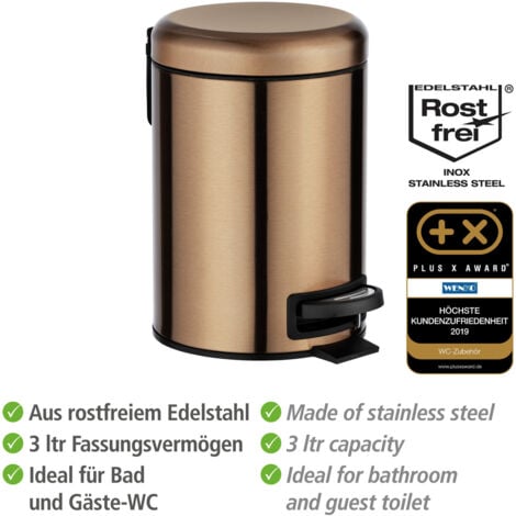 Poubelle à pédale Salle de bain WENKO modèle Leman, poubelle salle de bain, poubelle WC, collecteur de déchet bureau, Contenance 3l, Coloris cuivre métallique mat, 17x25x22,5cm