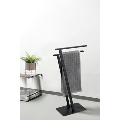 Porte Serviettes sur Pied Salle de Bain Lirio WENKO 2 barres pour serviettes ou vêtements, design moderne et minimaliste, Acier, 20x76,5x40 cm, Noir Mat