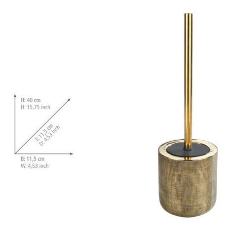 Brosse WC Rivara et son support WENKO, Céramique à relief peint à la main, Tête de brosse remplaçable, Couvercle plastique, 11,5 x 12,7 cm, Doré