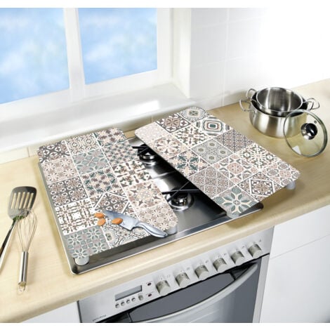 Protection de plaques cuisson "Carreaux de ciment" WENKO, Lot de 2, Couvre plaque universel, Résistant aux chocs, Hygiénique, Pieds inclus, Verre trempé, 30x52cm, Multicolore