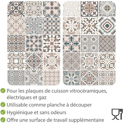 Protection de plaques cuisson "Carreaux de ciment" WENKO, Lot de 2, Couvre plaque universel, Résistant aux chocs, Hygiénique, Pieds inclus, Verre trempé, 30x52cm, Multicolore