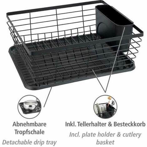 WENKO Égouttoir vaisselle noir Drip, Egouttoir vaisselle cuisine noir,  plateau amovible, métal - plastique, 36x15x30,3 cm, noir