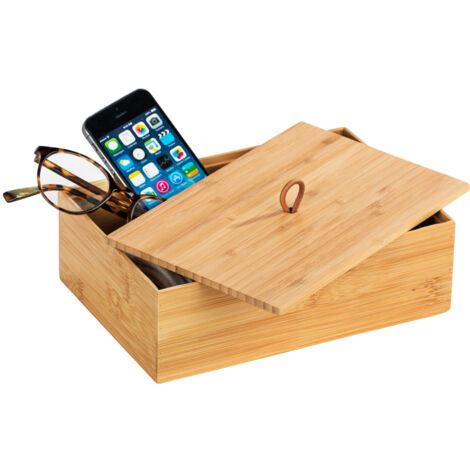Boîte De Rangement En Bois Pour Tampons Et Accessoires Salle De Bain - 2 Compartiments Avec Couvercle - 20,3x13,2x15,2 Cm