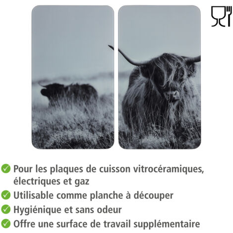 Protection plaques cuisson  verre trempé "Yak" WENKO, lot de 2, couvre plaque, planche découper, extension plan travail , 30x52cm, Multicolore