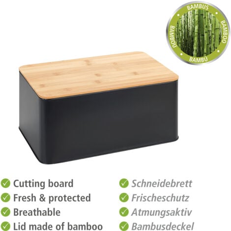 Lot de 4 rangements cuisine WENKO, boite à pain en métal avec couvercle planche à découper en bambou et 3 boites de conservation métallique avec couvercle en bambou, noir