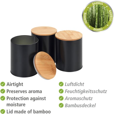 Lot de 4 rangements cuisine WENKO, boite à pain en métal avec couvercle planche à découper en bambou et 3 boites de conservation métallique avec couvercle en bambou, noir
