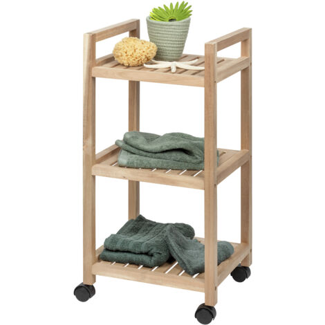 WENKO Etagere roulette bois, desserte à roulette salle de bain bois, Acina, 3 niveaux,  Bois certifié FSC®, 35x72x31 cm, Marron
