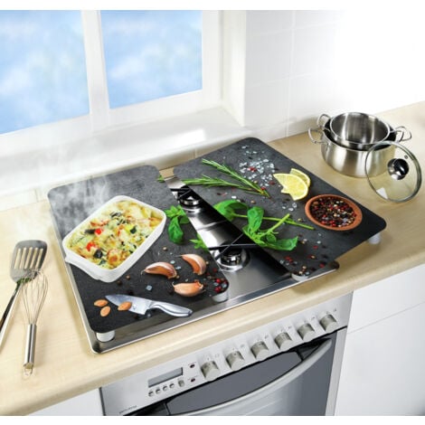 Protection de plaques cuisson "Aromates" WENKO, Lot de 2, Couvre plaque universel, Résistant aux chocs, Hygiénique, Pieds inclus, Verre trempé, 30x52cm, Noir
