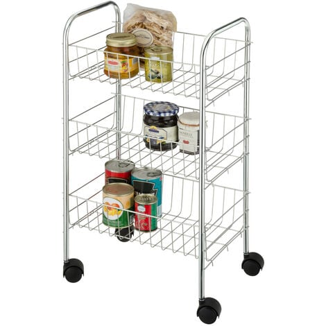 Chariot de cuisine WENKO Florenz chromé 3 étagères 4 roulettes Desserte de cuisine métal argenté Chariot à roulettes pour rangement cuisine et salle de bain dimensions 38x63x25 cm pratique et élégant