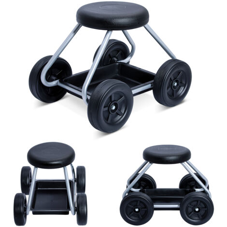 Siège de jardinage roulant – Acier noir et argent – Dimensions 52x40x41cm – Capacité de charge 90kg – Assise confortable pour travaux assis – Self Confort