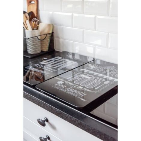 Protection de plaques cuisson "Bon appétit" WENKO, Lot de 2, Couvre plaque universel, Résistant aux chocs, Hygiénique, Pieds inclus, Verre trempé, 30x52cm, Noir