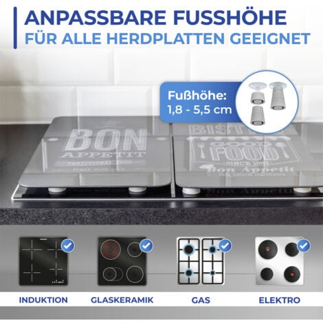 Protection de plaques cuisson "Bon appétit" WENKO, Lot de 2, Couvre plaque universel, Résistant aux chocs, Hygiénique, Pieds inclus, Verre trempé, 30x52cm, Noir