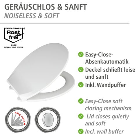 Abattant WC Kos WENKO avec frein de chute Premium, Lunette toilettes clipsable, Fixation inox, Installation facile, Thermoplastique, 37,5x42 cm, Blanc
