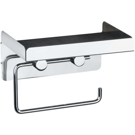 WENKO Porte papier toilette mural sans perçage avec grande tablette de rangement, Acier Inox, 16x12,5x11,5 cm, Brillant