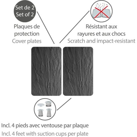 Protection de plaques cuisson "ardoise" WENKO, Lot de 2, Couvre plaque universel, Résistant aux chocs, Hygiénique, Pieds inclus, Verre trempé, 30x52cm, Multi couleur