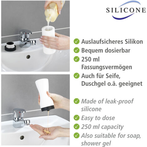 WENKO Distributeur Liquide Vaisselle Easy Squeez-e, distributeur produit  vaisselle cuisine, rutilisable, facile  recharger, Capacit 250 ml,  Silicone, 6x14 cm, blanc