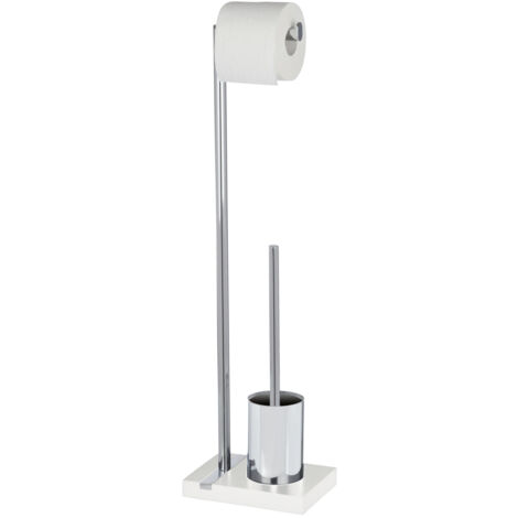 Ensemble WC 2en1 Noble White WENKO , Brosse WC à tête remplaçable et dérouleur papier, Base Poly résine haute qualité, 20x74x15 cm, Chromé et blanc (1/4)