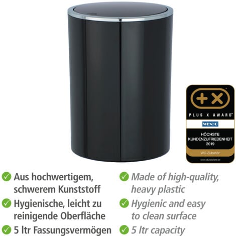 Poubelle à couvercle oscillant Inca WENKO, Poubelle à Couvercle basculant avec  liseré chromé, Capacité 5L, Plastique haut de gamme, 18,5x25,5 cm, Noir