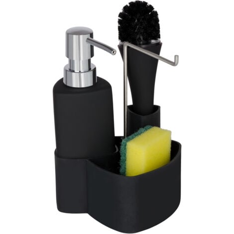 Organiseur pour évier Empire WENKO, Distributeur liquide vaisselle 250ml rechargeable, porte éponge, goupillon,  Céramique soft touch, 11x19x12,5 cm, Noir