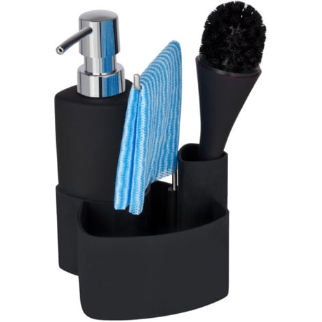Organiseur pour évier Empire WENKO, Distributeur liquide vaisselle 250ml rechargeable, porte éponge, goupillon,  Céramique soft touch, 11x19x12,5 cm, Noir