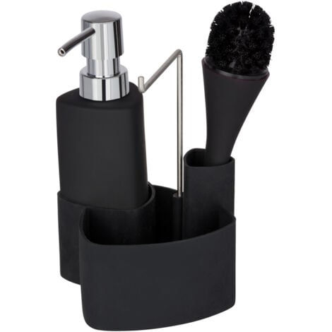 Organiseur pour évier Empire WENKO, Distributeur liquide vaisselle 250ml rechargeable, porte éponge, goupillon,  Céramique soft touch, 11x19x12,5 cm, Noir