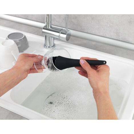 Organiseur pour évier Empire WENKO, Distributeur liquide vaisselle 250ml rechargeable, porte éponge, goupillon,  Céramique soft touch, 11x19x12,5 cm, Noir