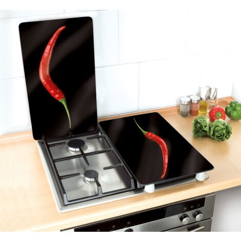 Protection plaque de cuisson WENKO, Couvre plaque de cuisson en verre "Hot Pepperoni", Lot de 2, Verre trempé, pour toutes plaques, 30x52 cm, Multicolore