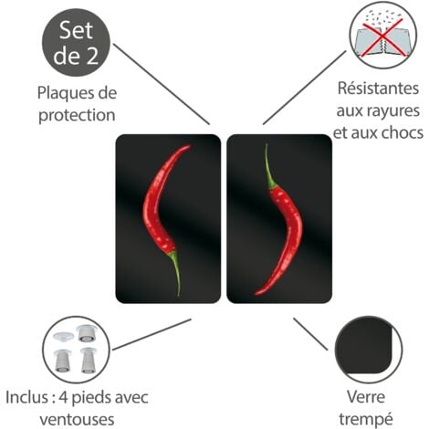 Protection plaque de cuisson WENKO, Couvre plaque de cuisson en verre "Hot Pepperoni", Lot de 2, Verre trempé, pour toutes plaques, 30x52 cm, Multicolore