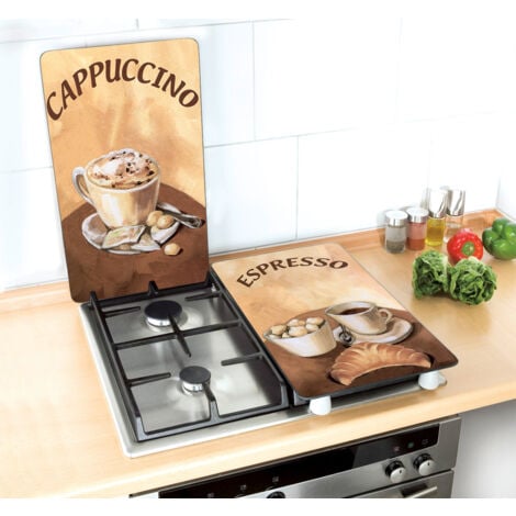 Protection plaque de cuisson WENKO, couvre plaque de cuisson en verre "Café", Lot de 2, verre trempé, 30x52 cm, Pour toutes plaques, Multicolore