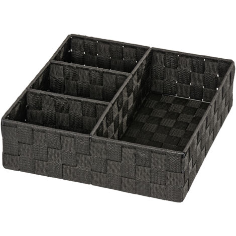 WENKO Organiseur Salle de Bain, Boite de rangement Adria, avec 4 compartiments, Polypropylène, 32x10x32 cm, noir