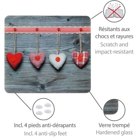 Protection plaques cuisson fond de hotte "multi cœur" WENKO, couvre plaque, planche découper, extension plan travail , protection, 4 pieds, 50x56cm, verre trempé multicolore