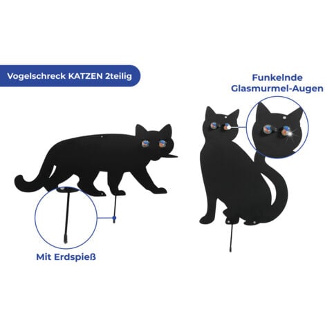 WENKO Epouvantail oiseau en forme de Chat, Epouvantail de jardin, éloigne les oiseaux indésirables du jardin, Lot de 2, Yeux Verre - Fer, 37x24 cm, Yeux multicolore - Noir