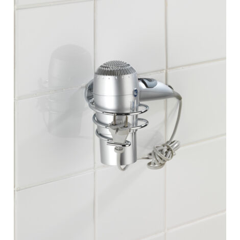 Support sèche-cheveux WENKO Cuba chromé mural sans perçage en métal Zinkdruckguss avec câble intégré accessoire salle de bain dimensions 10 x 8 x 14 cm pratique et robuste à vis ou sans perçage