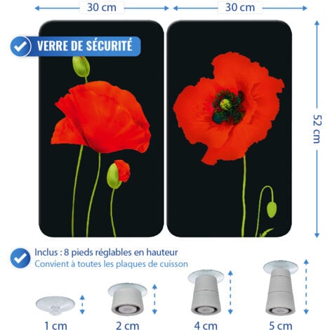 Protection de plaques cuisson "Coquelicot" WENKO, Lot de 2, Couvre plaque universel, Résistant aux chocs, Hygiénique, Pieds inclus, Verre trempé, 30x52cm, Noir