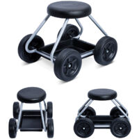 Siège de jardinage roulant – Acier noir et argent – Dimensions 52x40x41cm – Capacité de charge 90kg – Assise confortable pour travaux assis – Self Confort