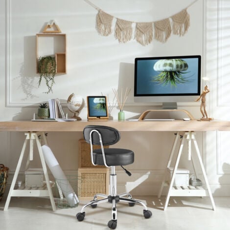 CASARIA® Tabouret à roulettes avec dossier confortable pivotable 360° réglable en hauteur avec repose-pieds bureau-Noir