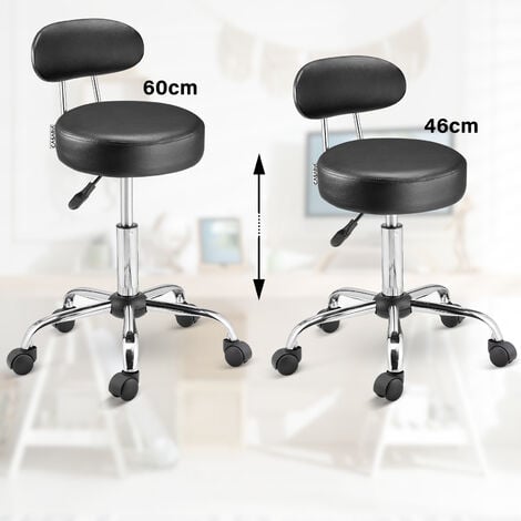 CASARIA® Tabouret à roulettes avec dossier confortable pivotable 360° réglable en hauteur avec repose-pieds bureau-Noir