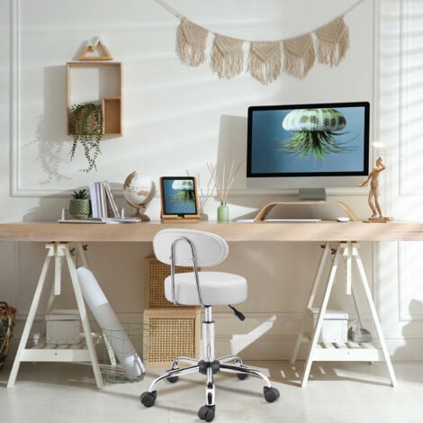 CASARIA® Tabouret à roulettes avec dossier confortable pivotable 360° réglable en hauteur avec repose-pieds bureau-Blanc