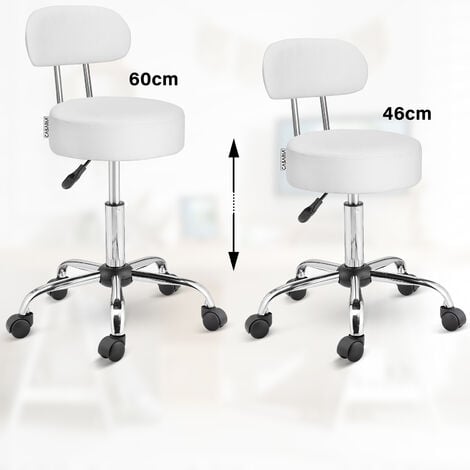 CASARIA® Tabouret à roulettes avec dossier confortable pivotable 360° réglable en hauteur avec repose-pieds bureau-Blanc