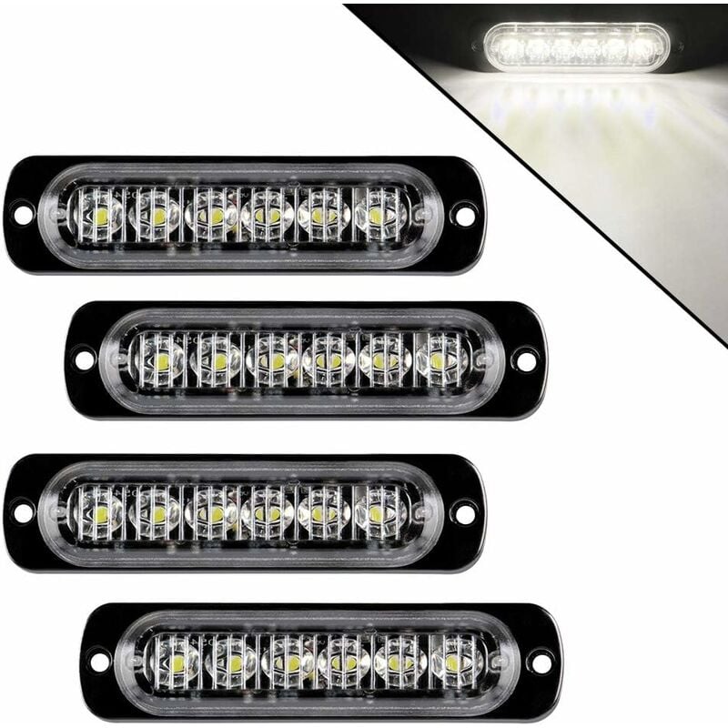 4pcs Ultra Thin 6LED Strobe Lights Emergency Hazard Beacon Warnblinklichter  Universal für Auto Fahrzeug LKW 12-24V-Weiß