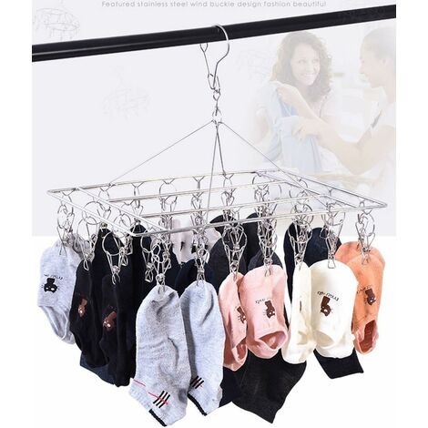 LYCXAMES – Socken-Trockenständer, hängender Wäscheständer mit 36  winddichten Edelstahl-Clips für Socken, Unterwäsche, Kleidung, Handtücher  (1 Packung Kleiderbügel)