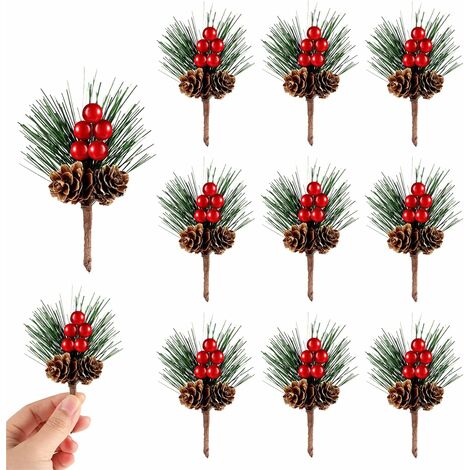 10 Stück Künstliche Tannenzweige Mit Beeren & Zapfen - Weihnachtsdeko Für Adventskränze DIY