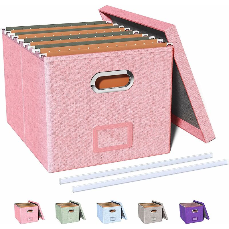 Collapsible File Storage Organizer Box with Lid, Linen Document Storage, Universal Hanging Filing Organization Box for Letter/Legal Folder, Decorative